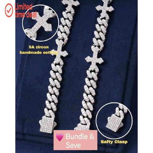 9mm Cross Cuban Link Bracelet White Gold Plated Cubic Zirconia Unisex - Picture 7 of 7